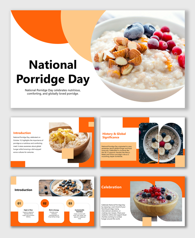 National Porridge Day slides with oatmeal bowls, orange theme, nutrition tips, global impact, and geometric shapes.