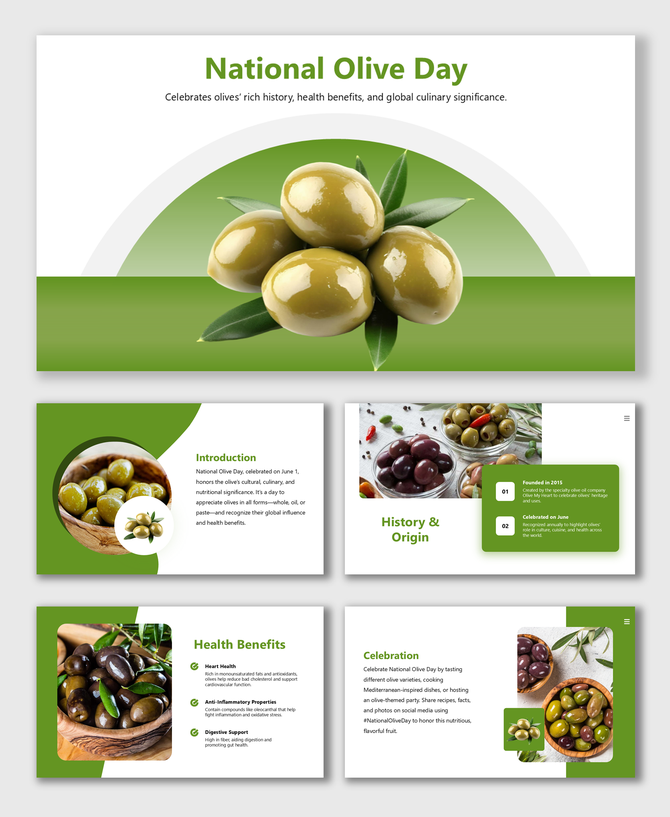 National Olive Day slides with olive photos, green theme, health tips, celebration ideas, and modern clean layout.