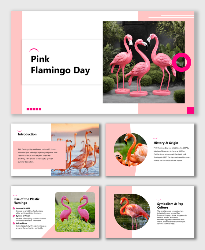 Pink Flamingo Day slides with flamingo photos, pink theme, retro decor, pop culture facts, and creative layouts.
