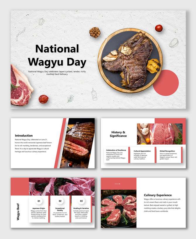 National Wagyu Day slides with steak images, red theme, beef quality tips, Japanese origin, and culinary experience.
