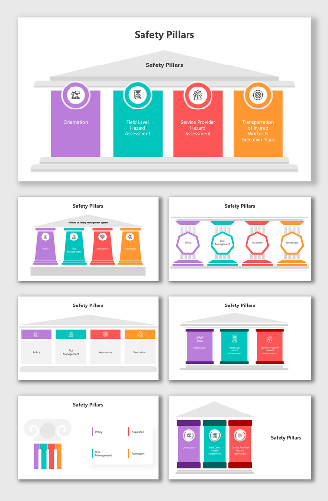 Safety Pillars show orientation, hazard checks, policies, assurance, risk control with icons, bold colors, and shapes.