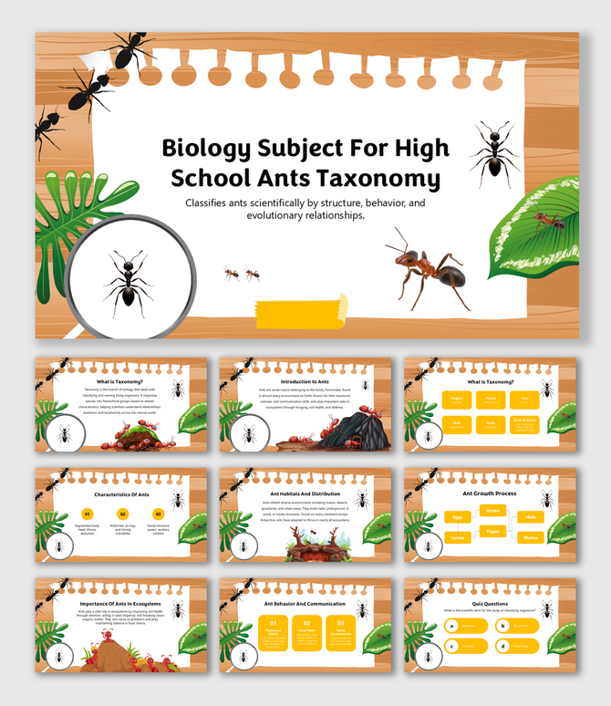 Ant taxonomy slide deck with wood theme, insect visuals, lifecycle charts, quiz boxes, leafy props, and pinned paper layout.