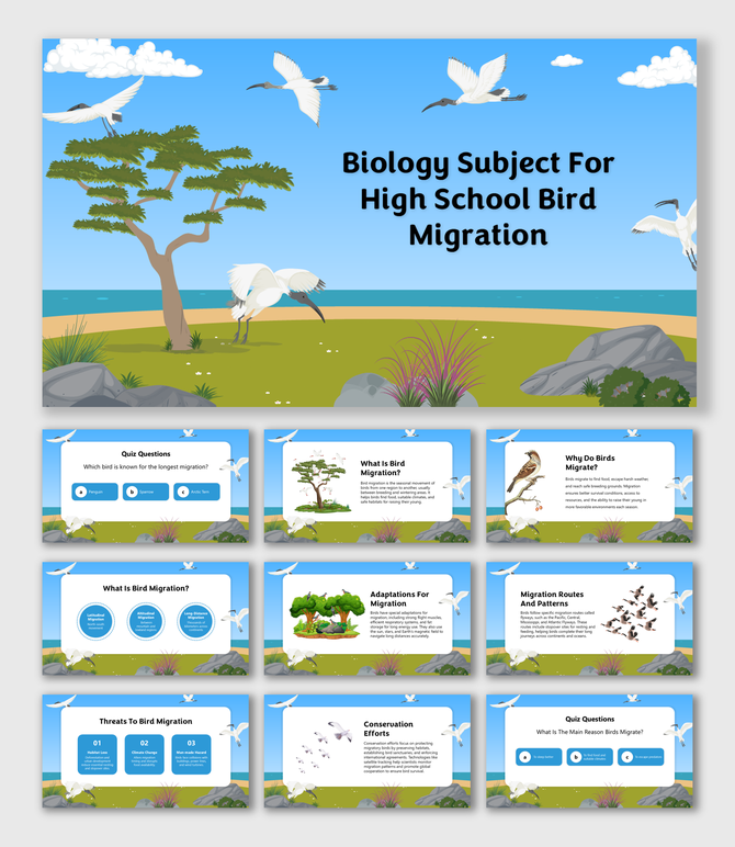 Bird migration slides with flying birds, nature visuals, quiz boxes, migration routes, threats, and conservation scenes.