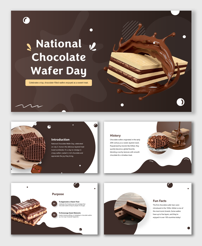 Chocolate wafer slide deck with dripping chocolate, layered treats, fun facts, round images, and dessert-themed visuals.