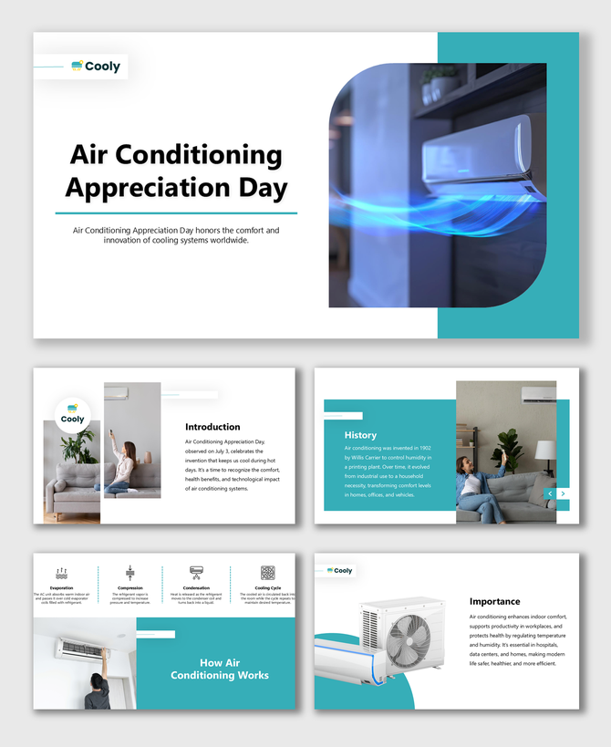 Air conditioning slides with A/C images, cooling system explanations, comfort benefits, and functional diagrams.