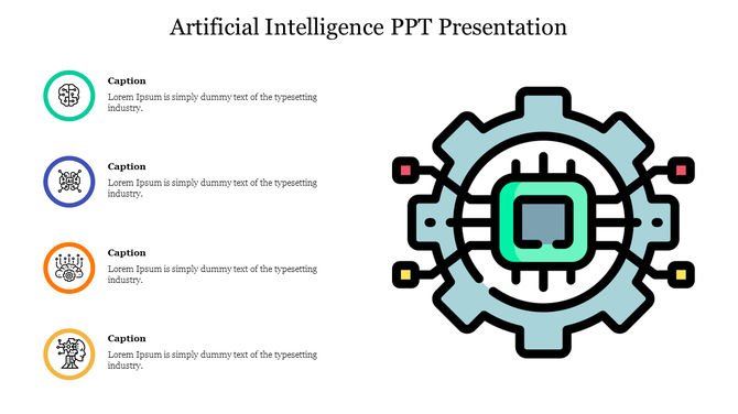Artificial Intelligence infographic featuring a central processor chip design and four circular icons on the left.