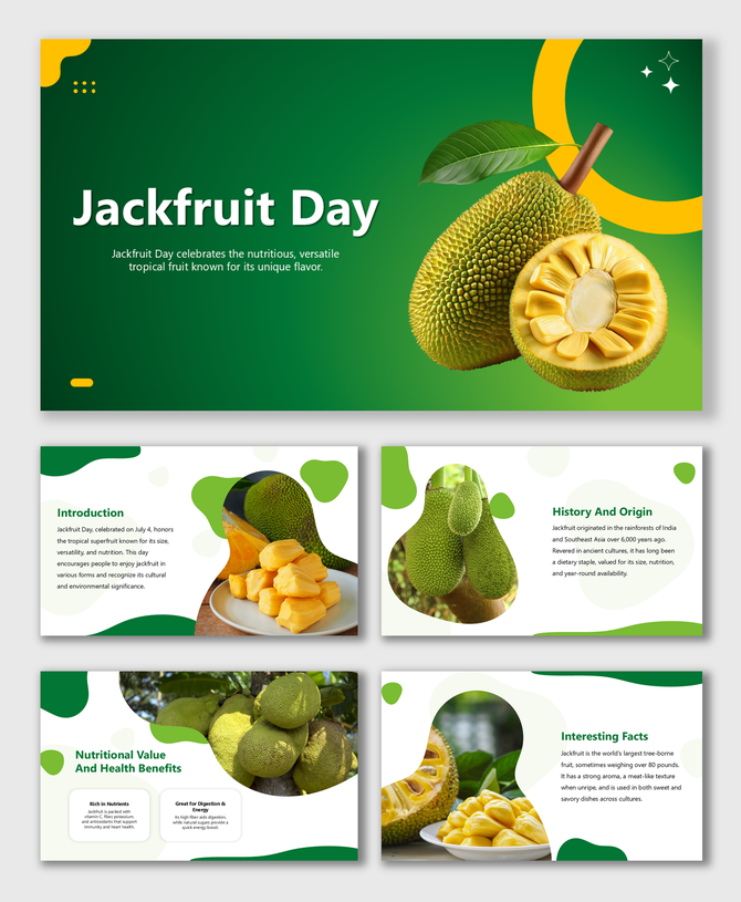A presentation template for Jackfruit Day, with illustrations and photos of jackfruit and its health benefits.