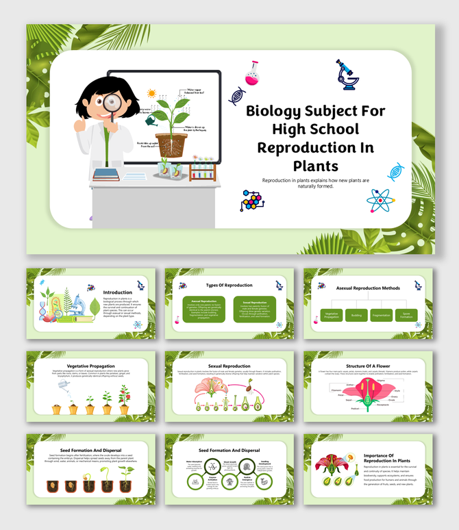 A biology presentation template on plant reproduction, featuring a scientist and illustrations of plant life cycles.