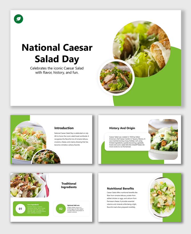 A presentation template for National Caesar Salad Day, with photos of salads and information on ingredients.