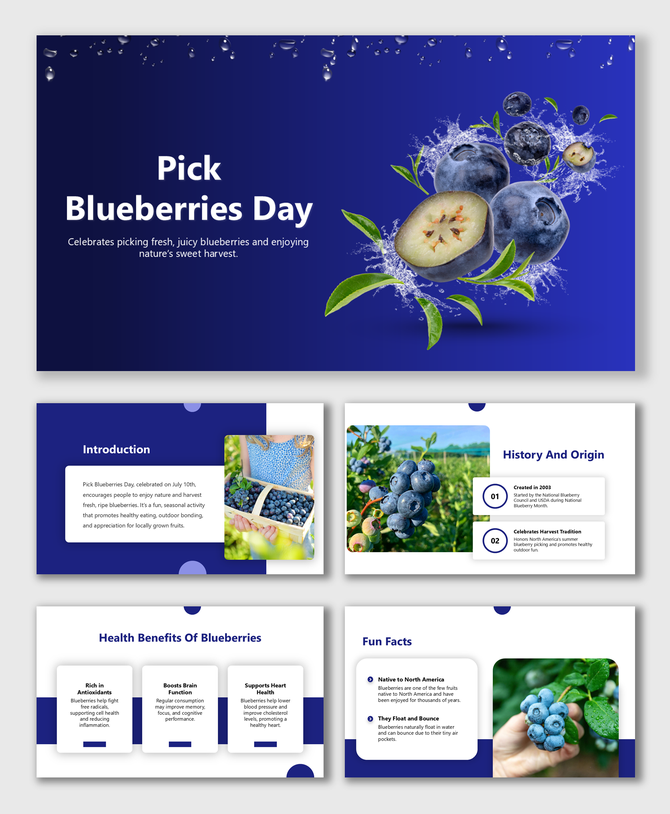 A presentation template for Pick Blueberries Day, with blueberry illustrations, photos, and health benefit facts.