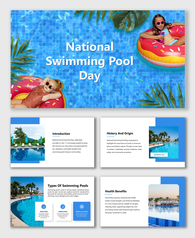 A presentation template for National Swimming Pool Day, with photos of pools and people relaxing in them.