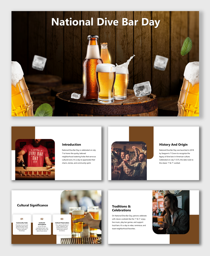 Rustic dive bar layout with beer, ice, wood background, and photo sections for celebration-themed content.