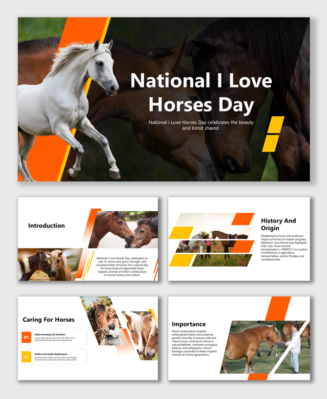 Horse-themed slide layout with running horse, orange accents, and photo placeholders for care and appreciation.