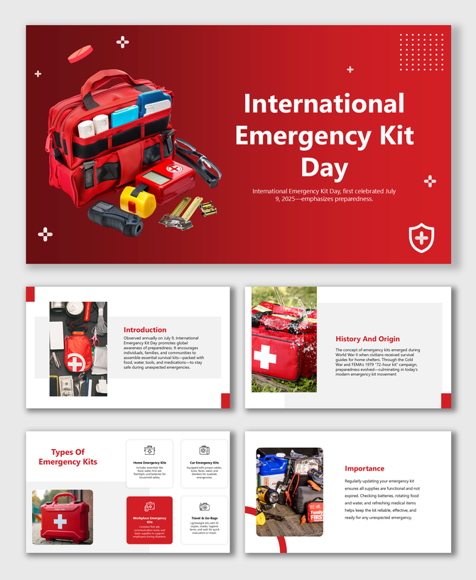 Red emergency kit with supplies in bold layout, featuring photo blocks and sections on types, history, and importance.