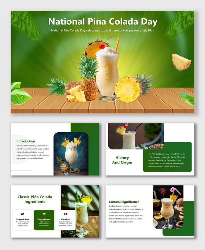 Tropical piña colada with fruit on wood table, green theme layout with images and sectios for history and ingredients.