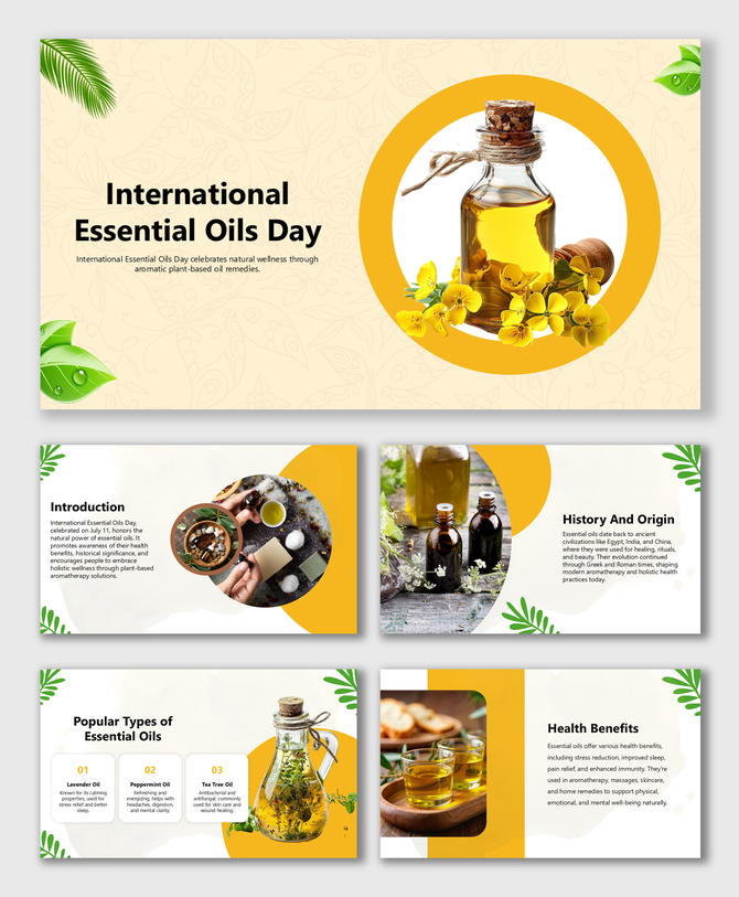 Essential oil bottles with flowers in yellow layout, featuring round images and sections on uses, types, and benefits.