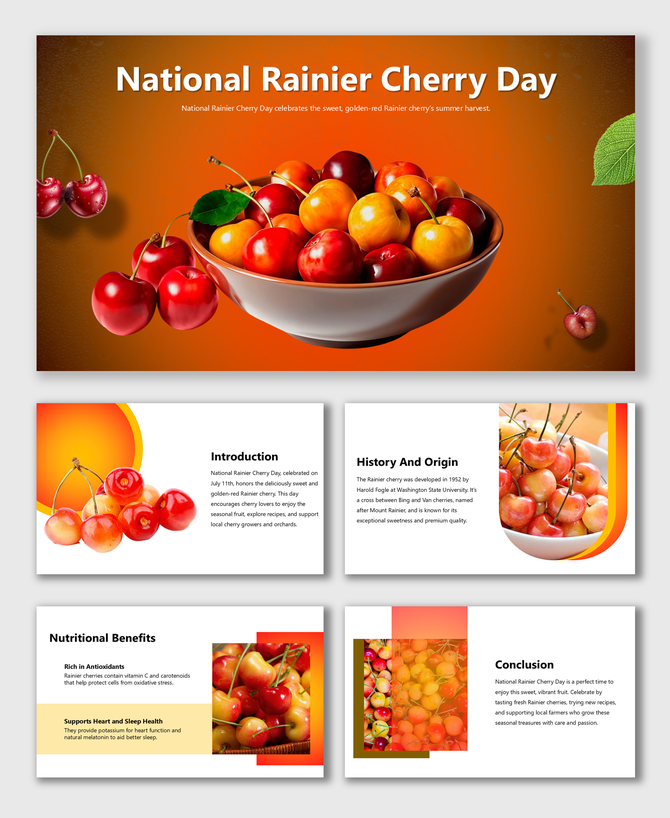 Bright Rainier cherries with bold layout, colorful slides, intro, history, benefits, and fruit-themed visuals.