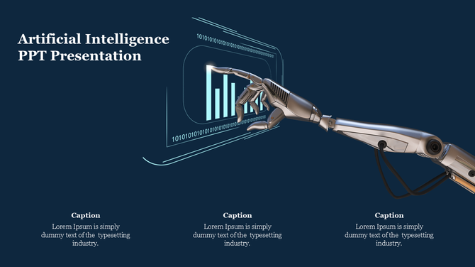 AI themed slide showing a robotic hand interacting with a digital bar graph on a dark blue background, with captions below.