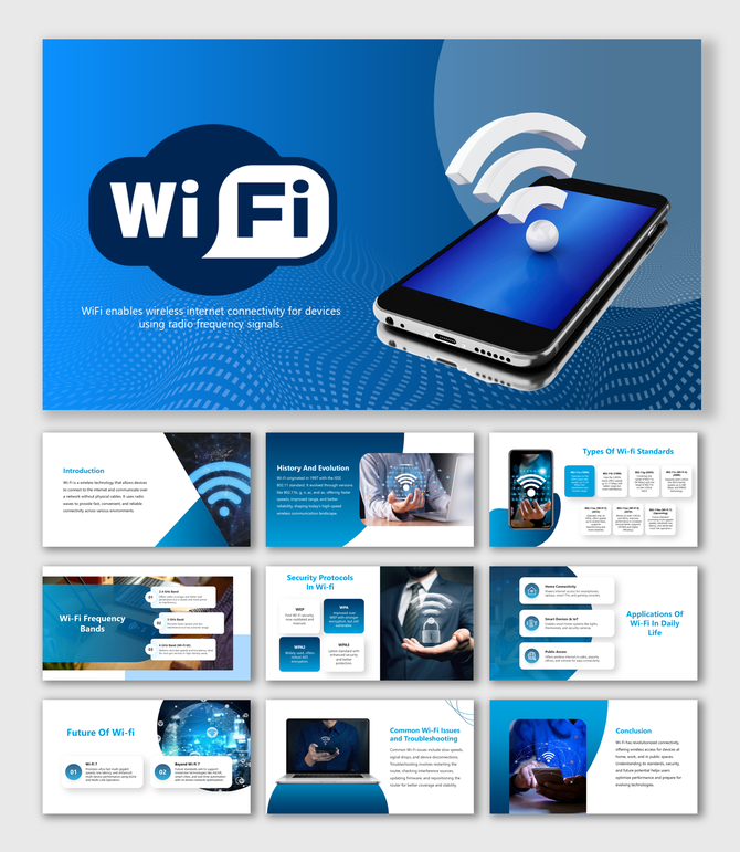 Wi-Fi slides with blue theme, tech icons, mobile visuals, signal charts, and modern layouts for connectivity topics.