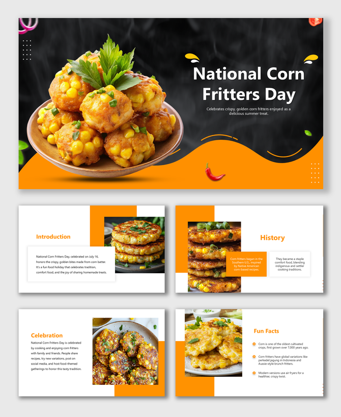 National Corn Fritters Day slide with golden fritters, intro, history, celebration, fun facts in orange-white theme.