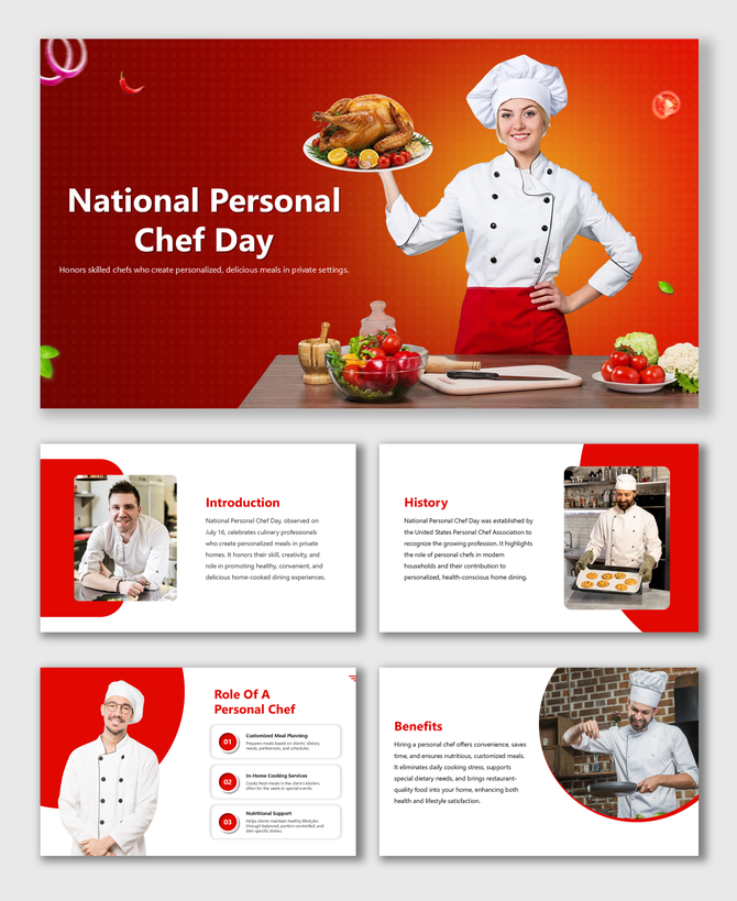 National Personal Chef Day slides show chefs, food, red-white theme with intro, history, role and benefits details.