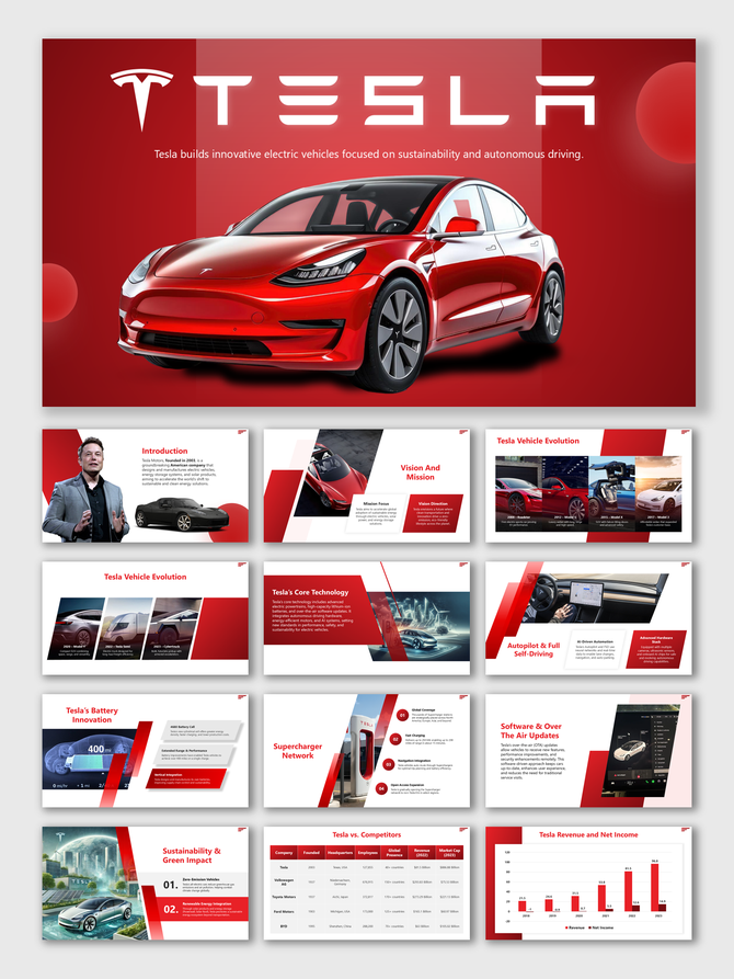 Tesla car presentation slides showcasing innovation, battery tech, self-driving, and market comparison.