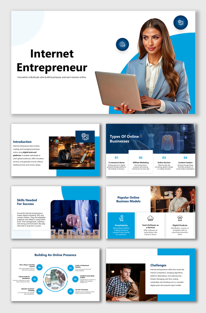 Internet Entrepreneur slides with laptop icons, business graphics, abstract shapes, blue theme, and editable text holders.