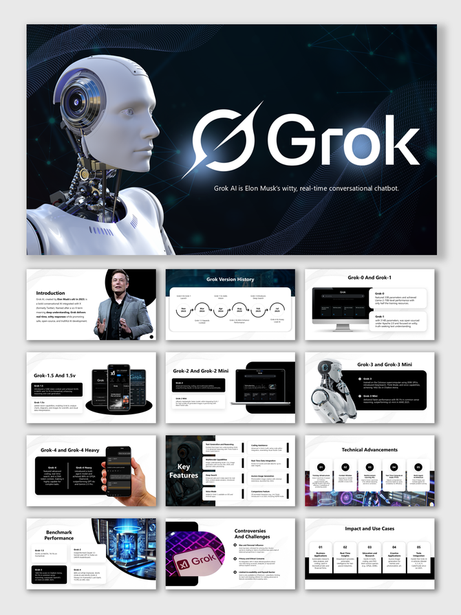 Futuristic Grok AI slides featuring a humanoid robot, mobile UI, version history, features, and performance visuals.