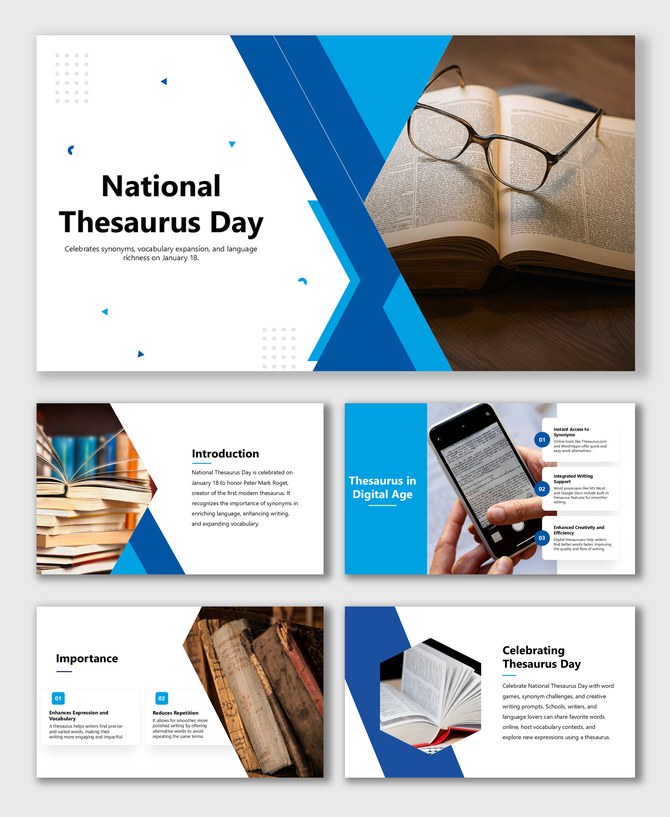 National Thesaurus Day slides with blue tones, book Images, word clouds, text holders, and editable shapes.