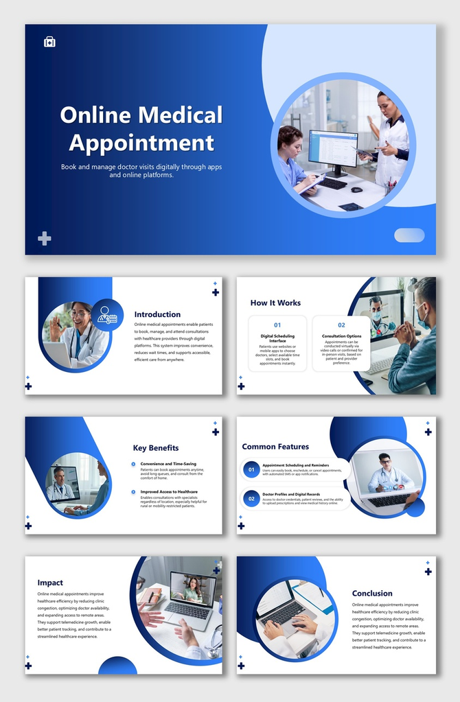 Alt: Online Medical Appointment cover slide with blue-white layout showing doctor and patient images, phone UI, and appointment icons.