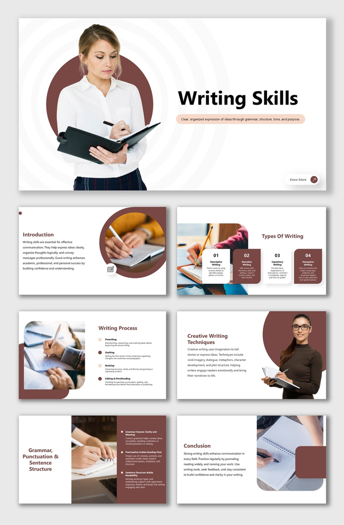 Writing Skills cover intro, types, process, creative techniques, grammar & conclusion with clear structured visuals.