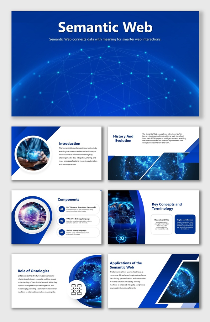 Semantic Web slides with blue theme, globe visuals, circular shapes, text boxes, and sections on history, concepts, apps.