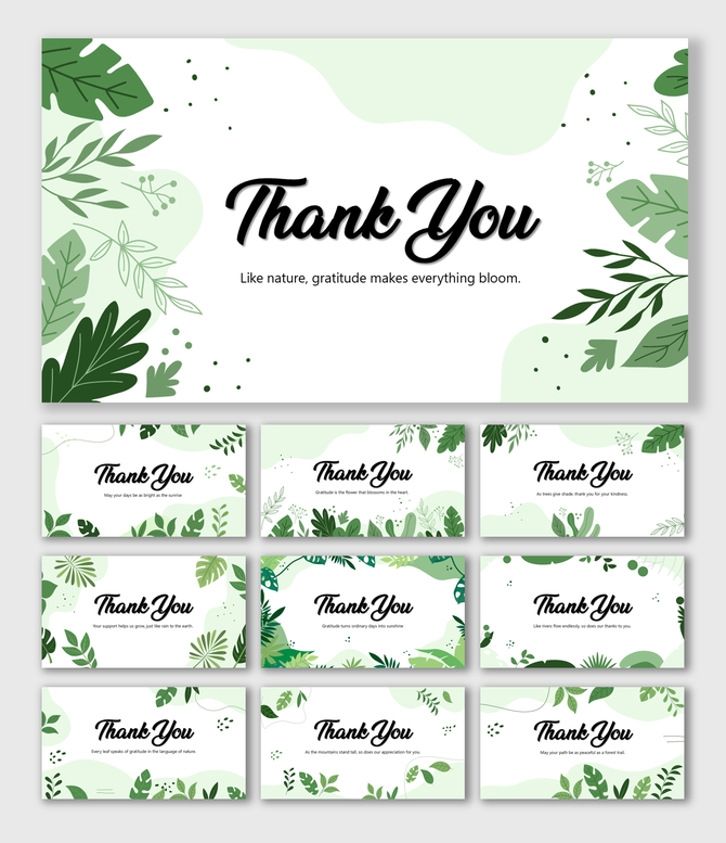 Nature Theme Thank You slides with leafy art, green tones, pastel shapes, borders, and editable text placeholders.