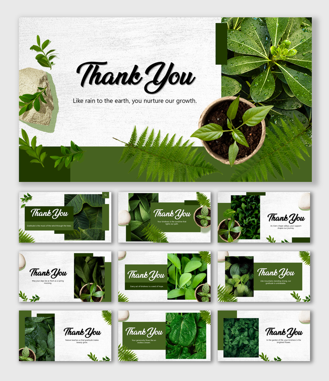 Leafy Green Thank You slides with foliage, potted plants, green blocks, white textures, and editable gratitude text spaces.