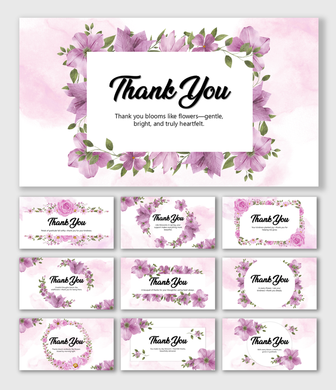 Flower Themed Thank You designs with purple blooms, green leaves, floral borders, pastel pink backgrounds, and clean text.