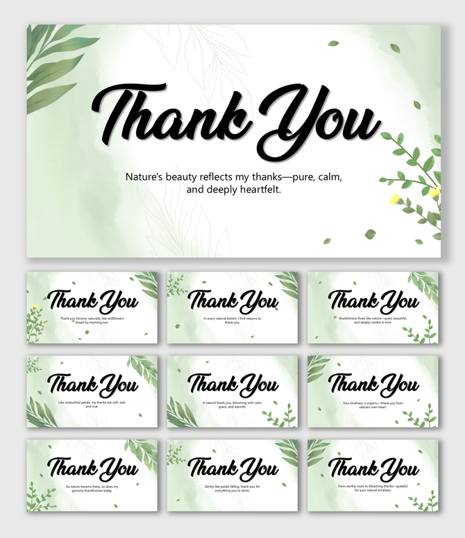 Natural Floral Thank You slides with green hues, leaves, soft backgrounds, elegant script, and nature-inspired design.