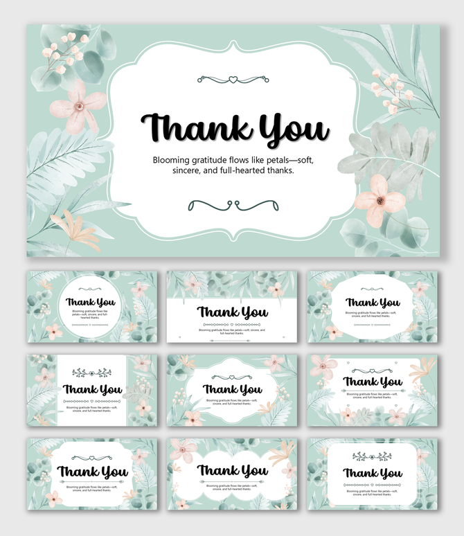 Pastel Flower Thank You with mint tones, Hand Drawn blooms, leafy edges, ornate frames, and elegant text holders.