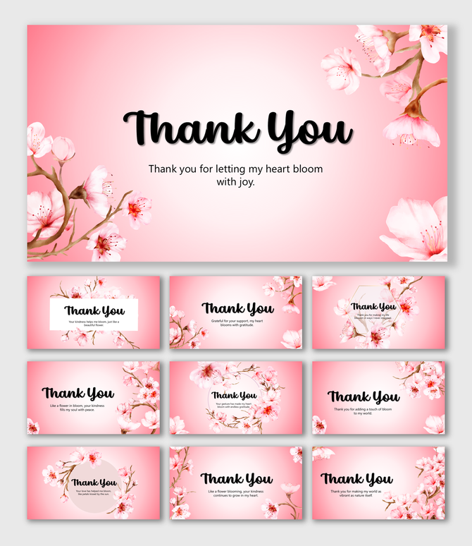 Bloom Style Thank You with pink blossoms, gradient backdrop, bold text, floral corners, and geometric text holders.