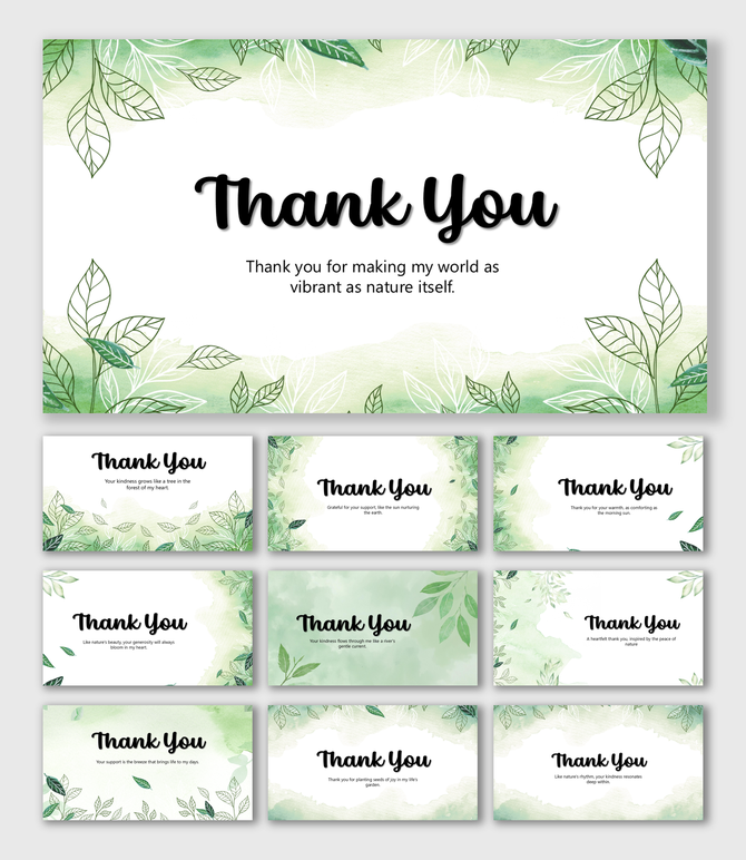 Nature Inspired Thank You with green leaves, watercolor edges, leafy frame, pastel tones, and bold central text.