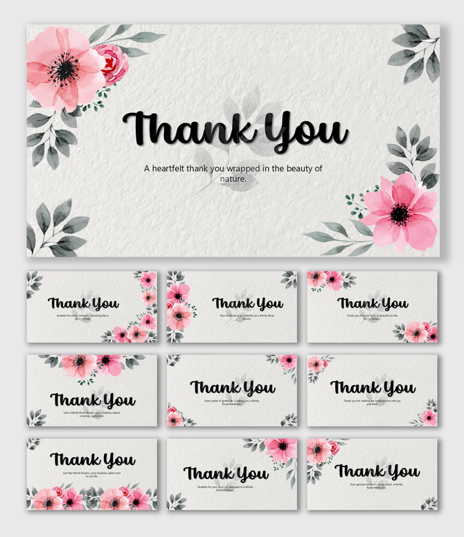 Minimal Flower Thank You with pink blooms, grey leaves, textured white base, floral corners, and clean text holders.