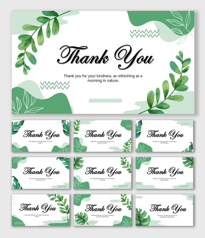 Nature theme Thank You slides with green leaves, white base, abstract shapes, soft colors, and centered text holders.
