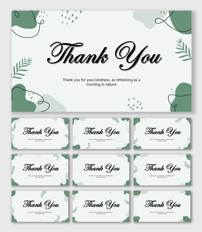 Nature Thank You slides with green leaves, abstract shapes, white base, soft colors, and centered text holders.