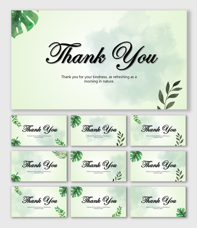 Nature Thank You slides with green leaves, pastel tones, watercolor shapes, white base, and centered text holders.