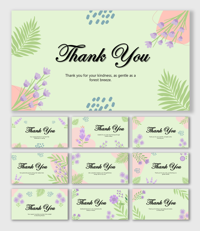 Nature Thank You slides with green leaves, purple flowers, pastel pink shapes, light green base, and centered text holders.