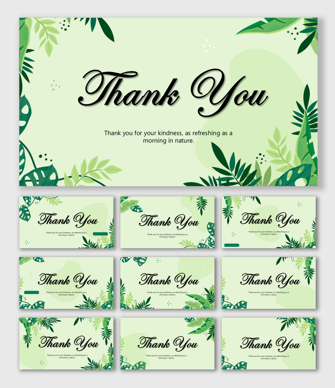 Nature Thank You slides with tropical leaves, pastel green tones, abstract shapes, soft background, centered text holders.