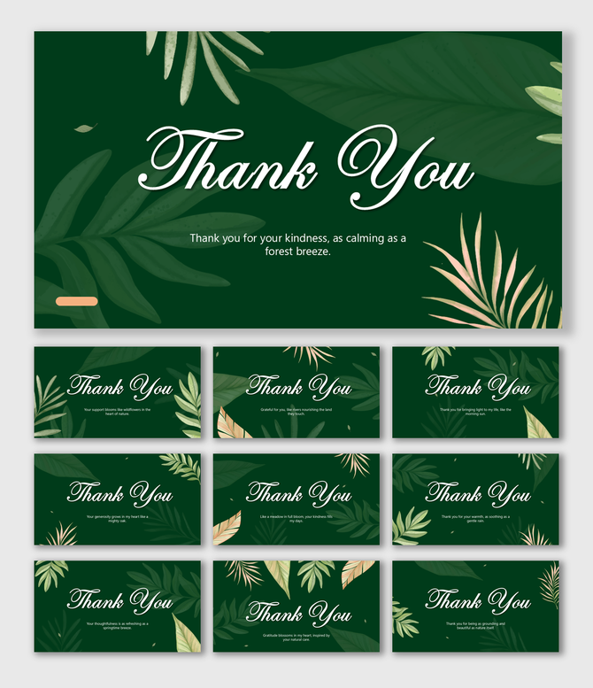 Thank You Slide PPT Download with green leafy design, beige text holders, calm nature theme, and elegant layout.