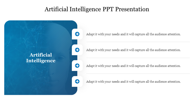 Artificial Intelligence slide featuring a human face silhouette on a blue background with a list of text placeholders and arrow icons.