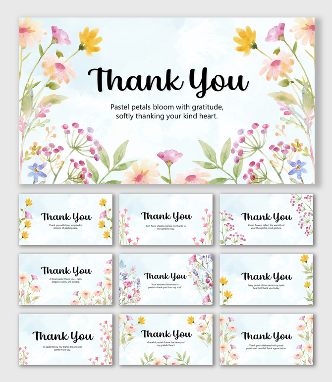 Thank You Slide PPT Download with pastel flowers, watercolor tones, text holders, and elegant layouts.