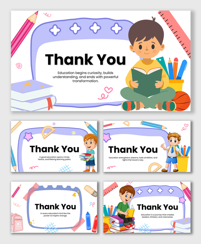 Education Thank You PPT with kids, books, pencils, rulers, stars, purple frames, colorful shapes, and editable text.