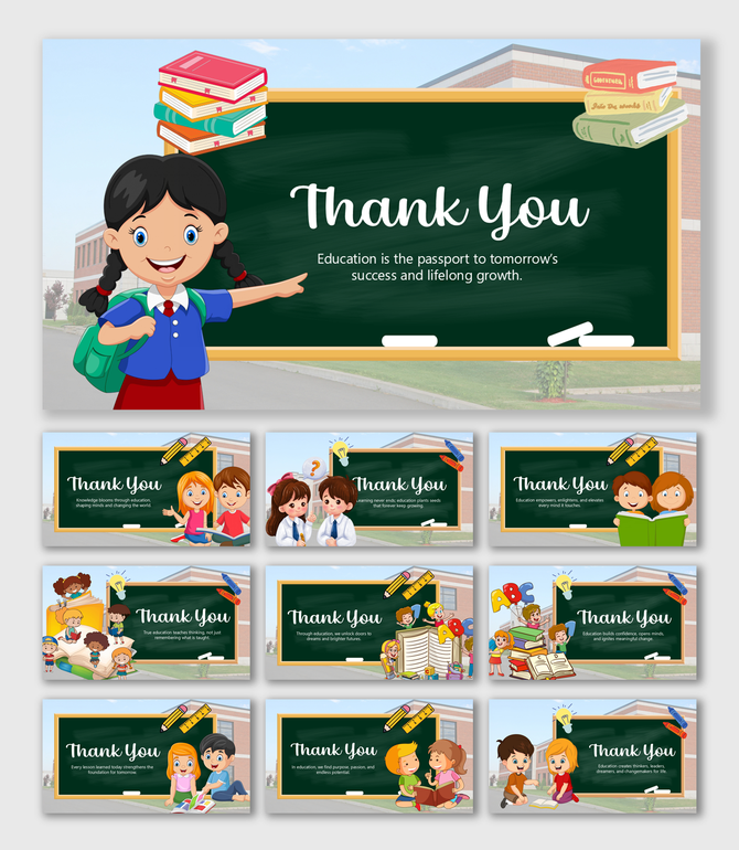 Education Thank You PPT with kids, books, chalkboard, pencils, colors, shapes, and text holders.